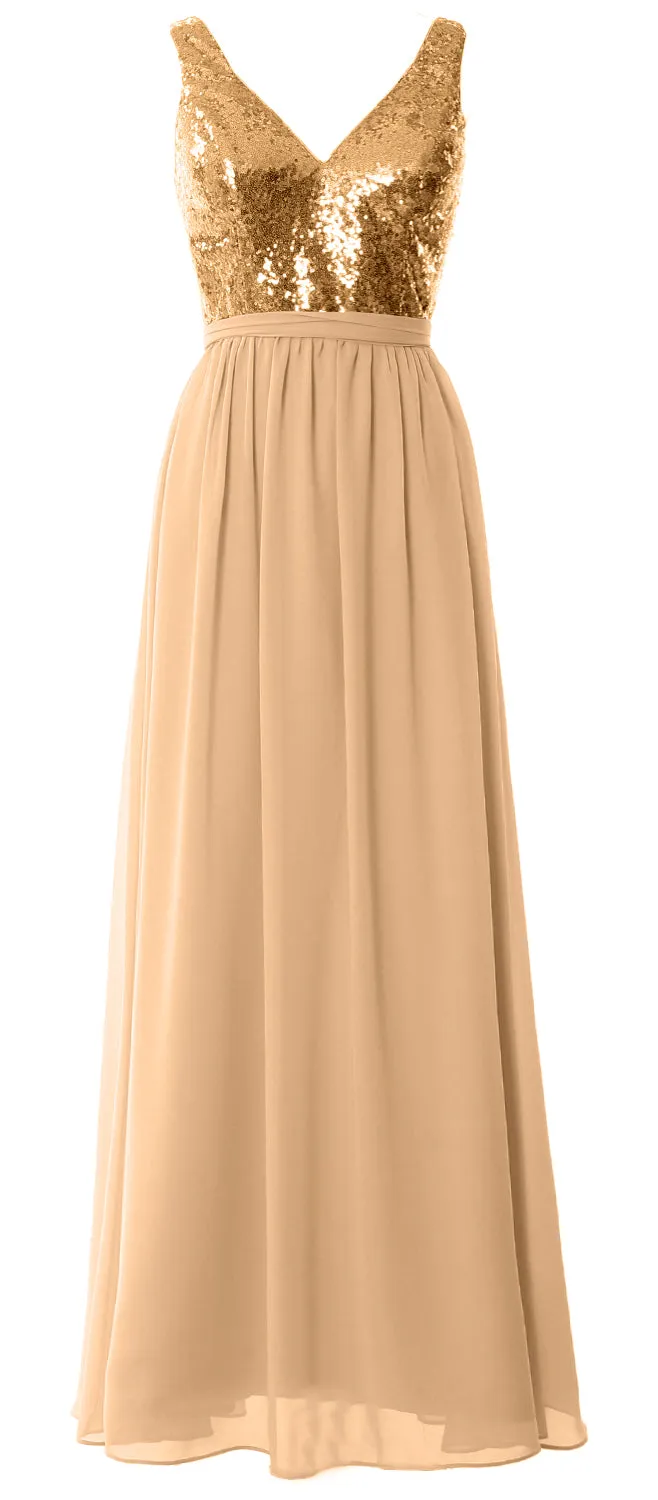 MACloth Women Straps V Neck Sequin Maxi Bridesmaid Dress 2017 Simple Prom Gown