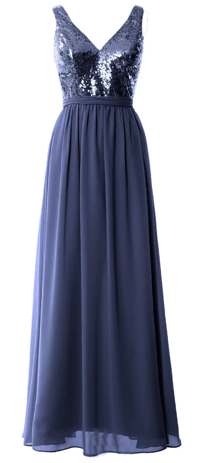 MACloth Women Straps V Neck Sequin Maxi Bridesmaid Dress 2017 Simple Prom Gown
