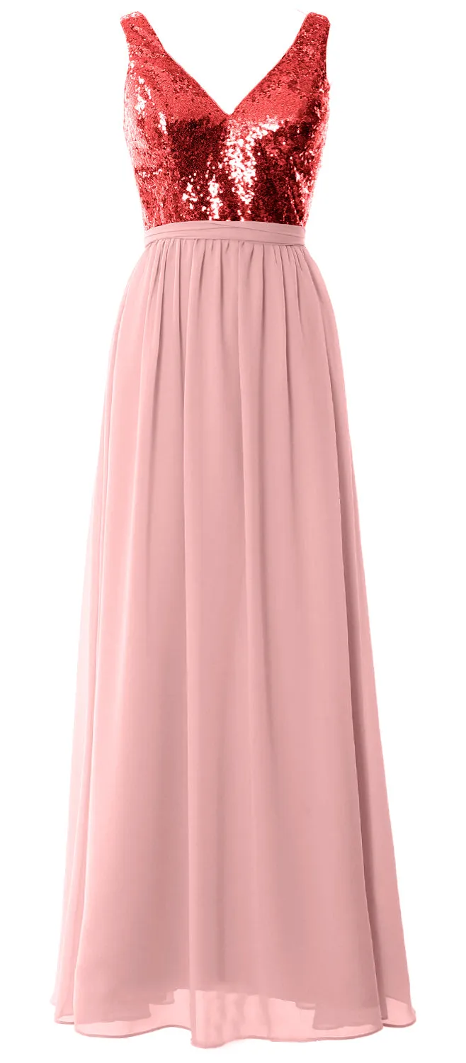 MACloth Women Straps V Neck Sequin Maxi Bridesmaid Dress 2017 Simple Prom Gown
