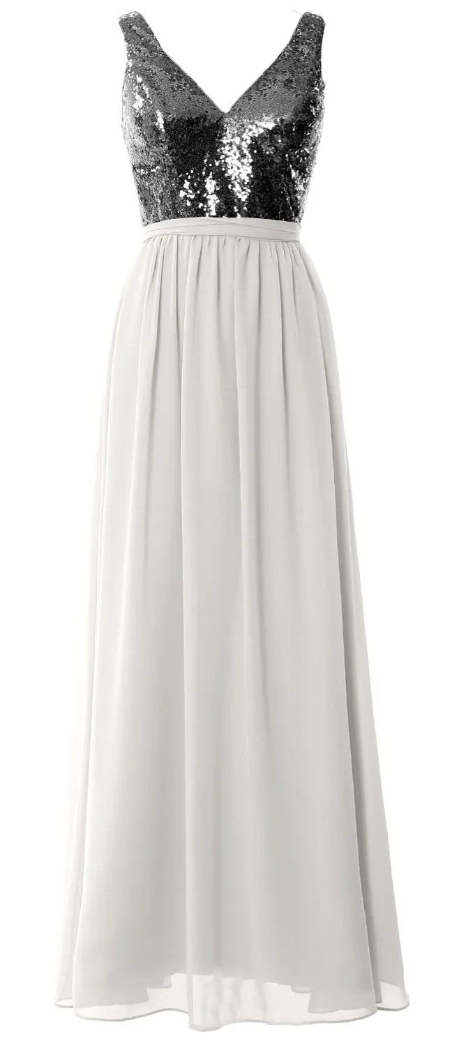 MACloth Women Straps V Neck Sequin Maxi Bridesmaid Dress 2017 Simple Prom Gown