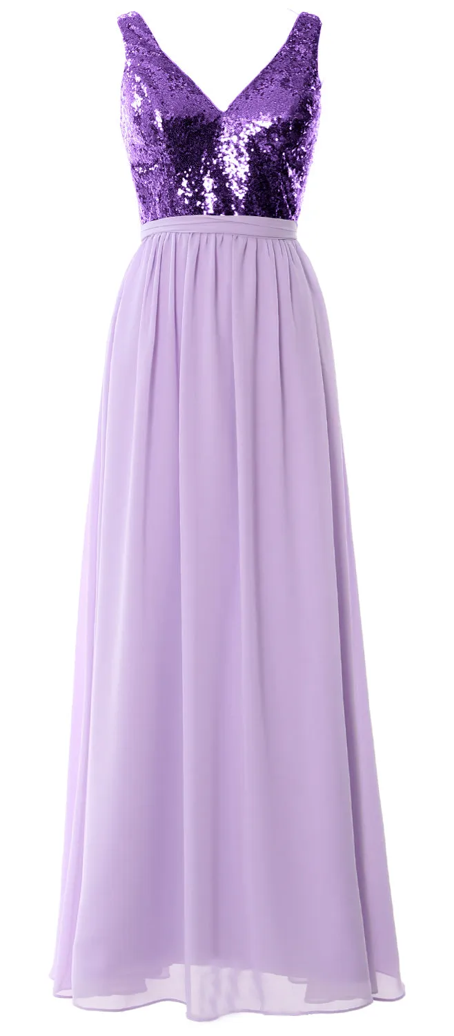 MACloth Women Straps V Neck Sequin Maxi Bridesmaid Dress 2017 Simple Prom Gown