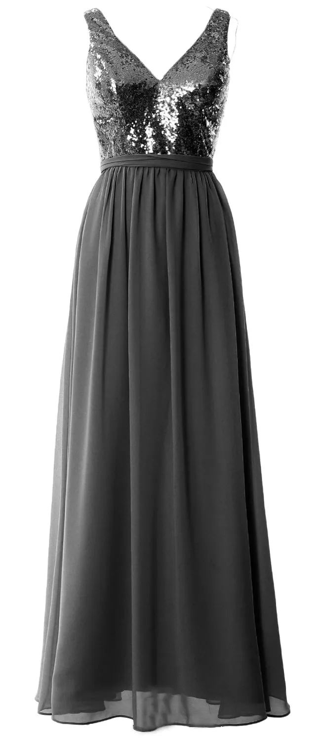 MACloth Women Straps V Neck Sequin Maxi Bridesmaid Dress 2017 Simple Prom Gown