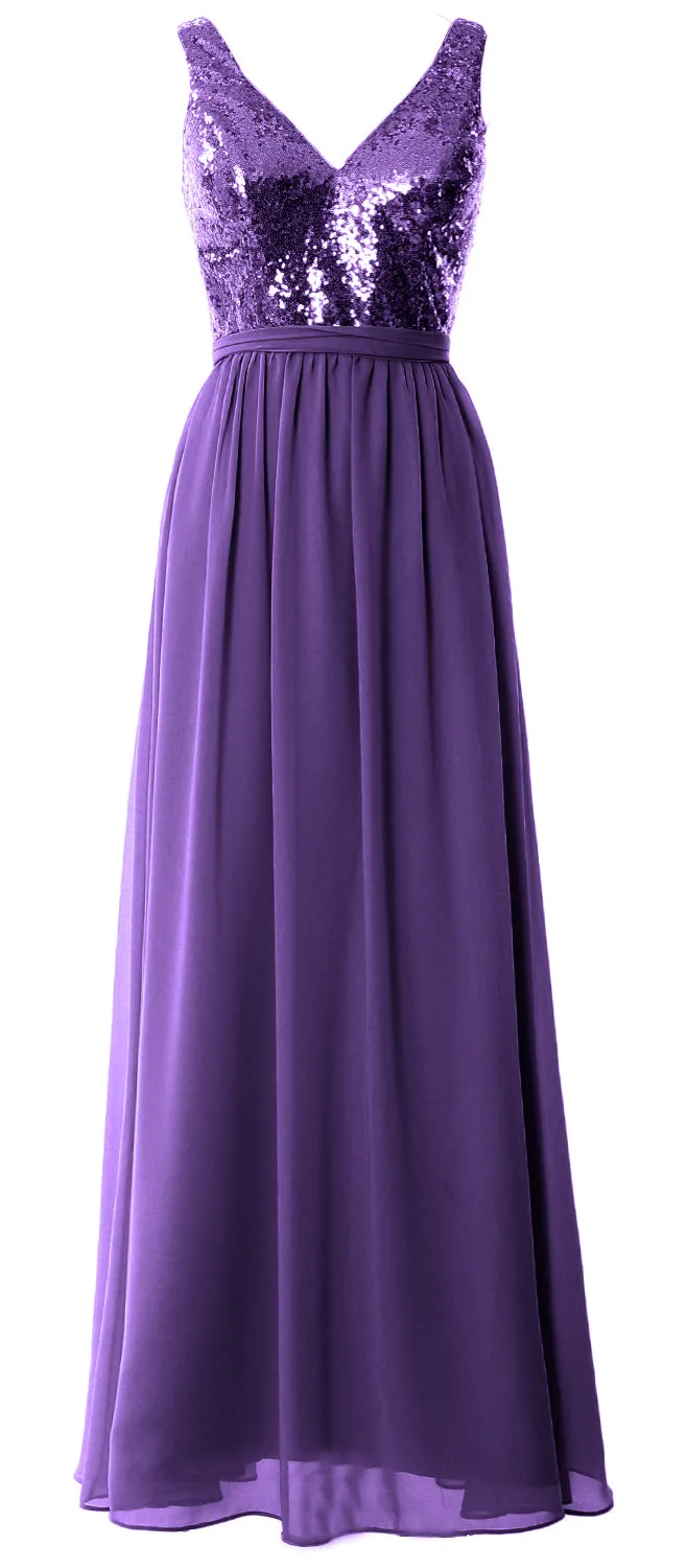 MACloth Women Straps V Neck Sequin Maxi Bridesmaid Dress 2017 Simple Prom Gown