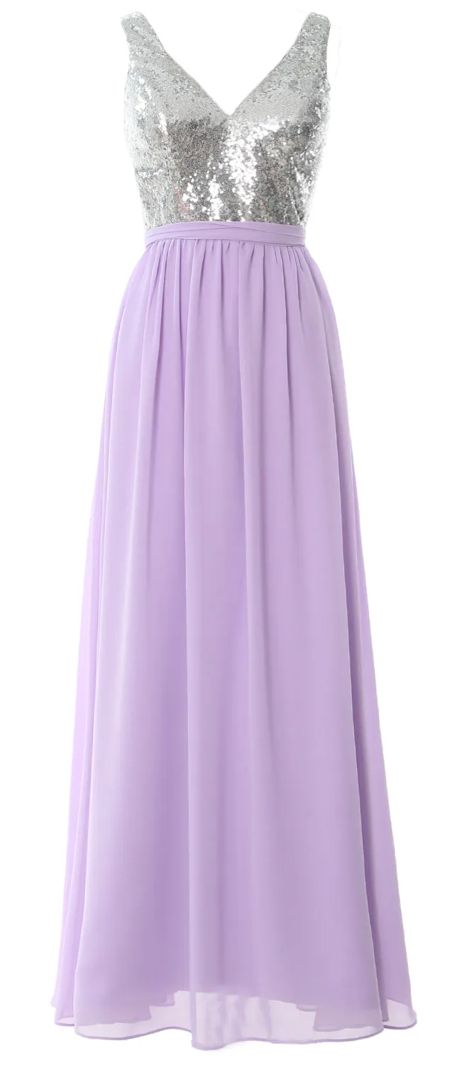 MACloth Women Straps V Neck Sequin Maxi Bridesmaid Dress 2017 Simple Prom Gown