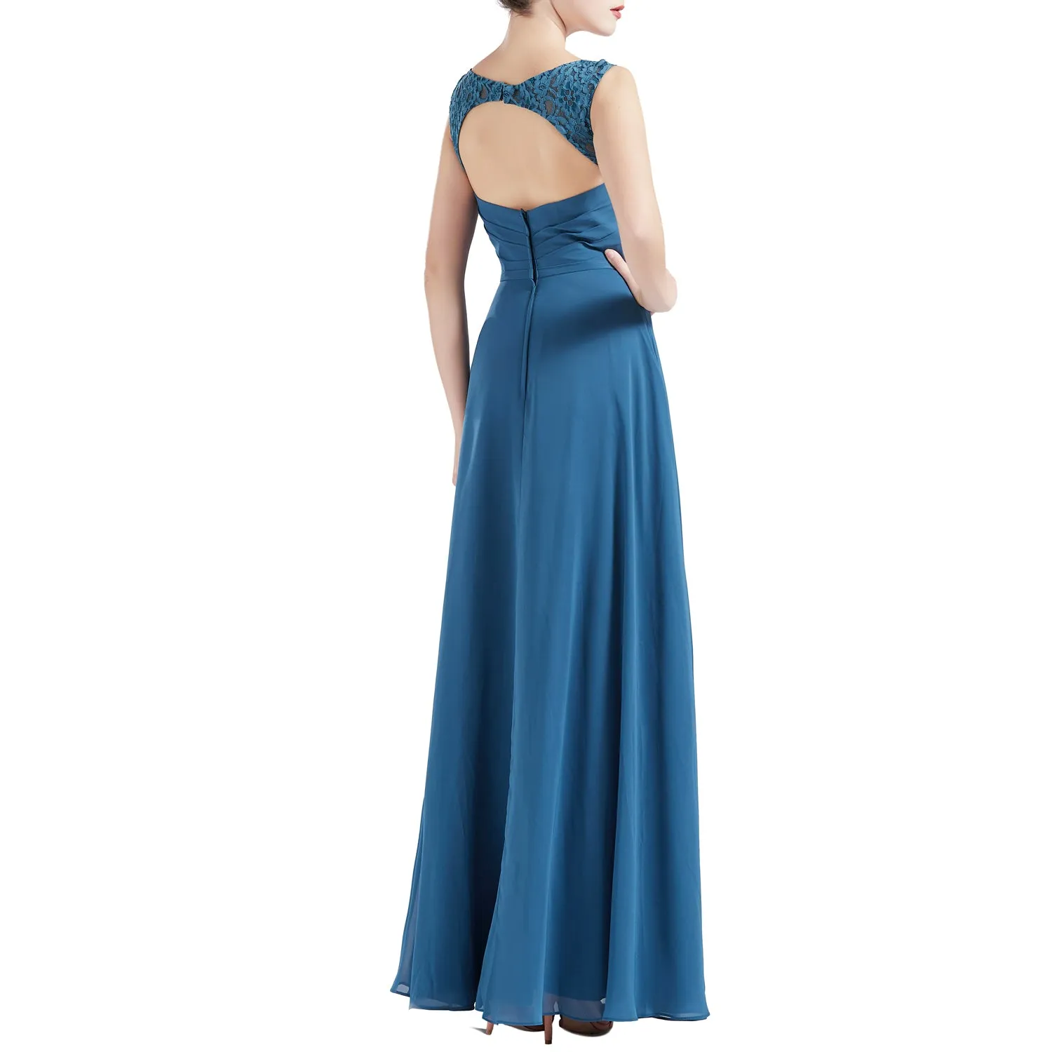 MACloth Women V Neck Lace Chiffon A Line Maxi Wedding Party Bridesmaid Dresses