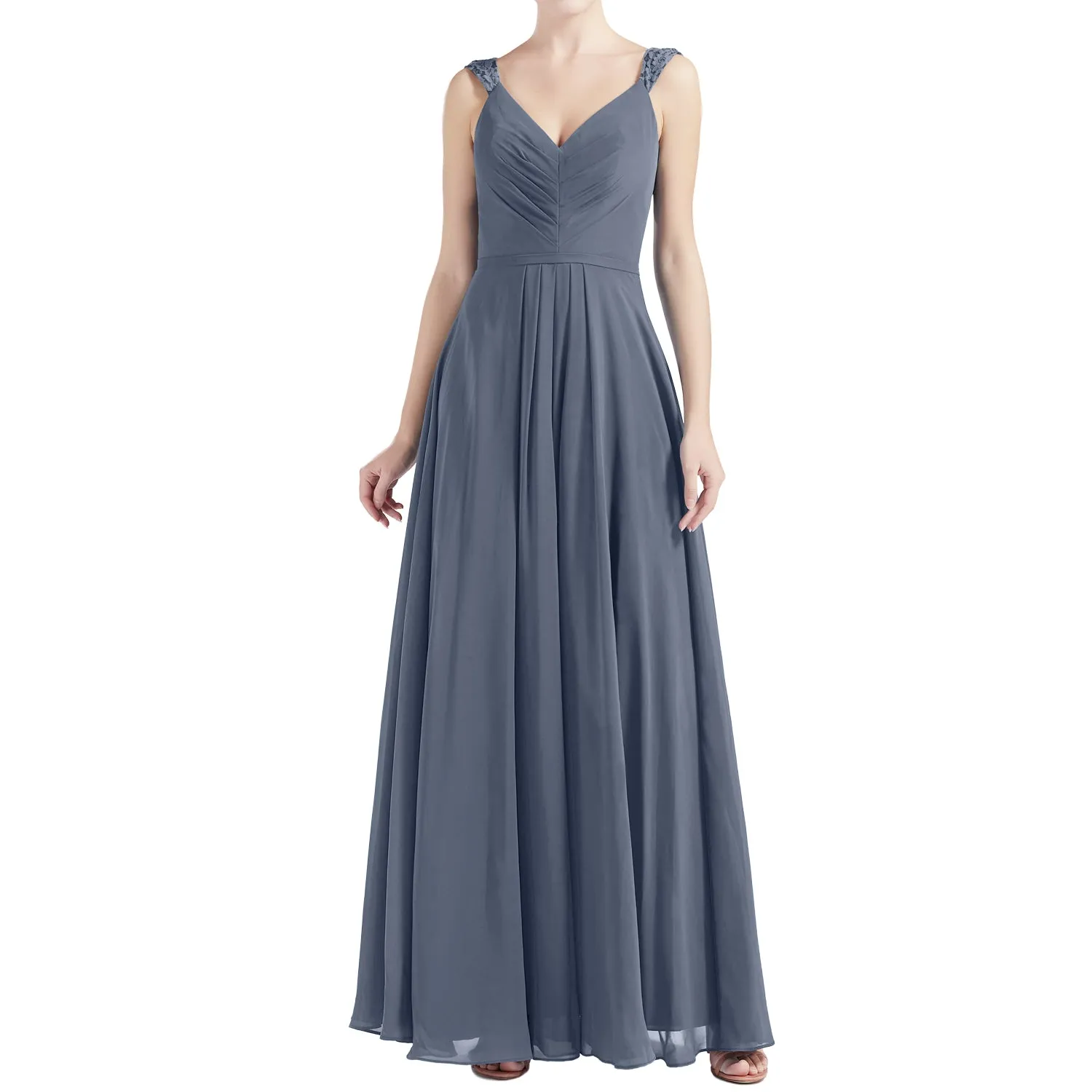MACloth Women V Neck Lace Chiffon A Line Maxi Wedding Party Bridesmaid Dresses