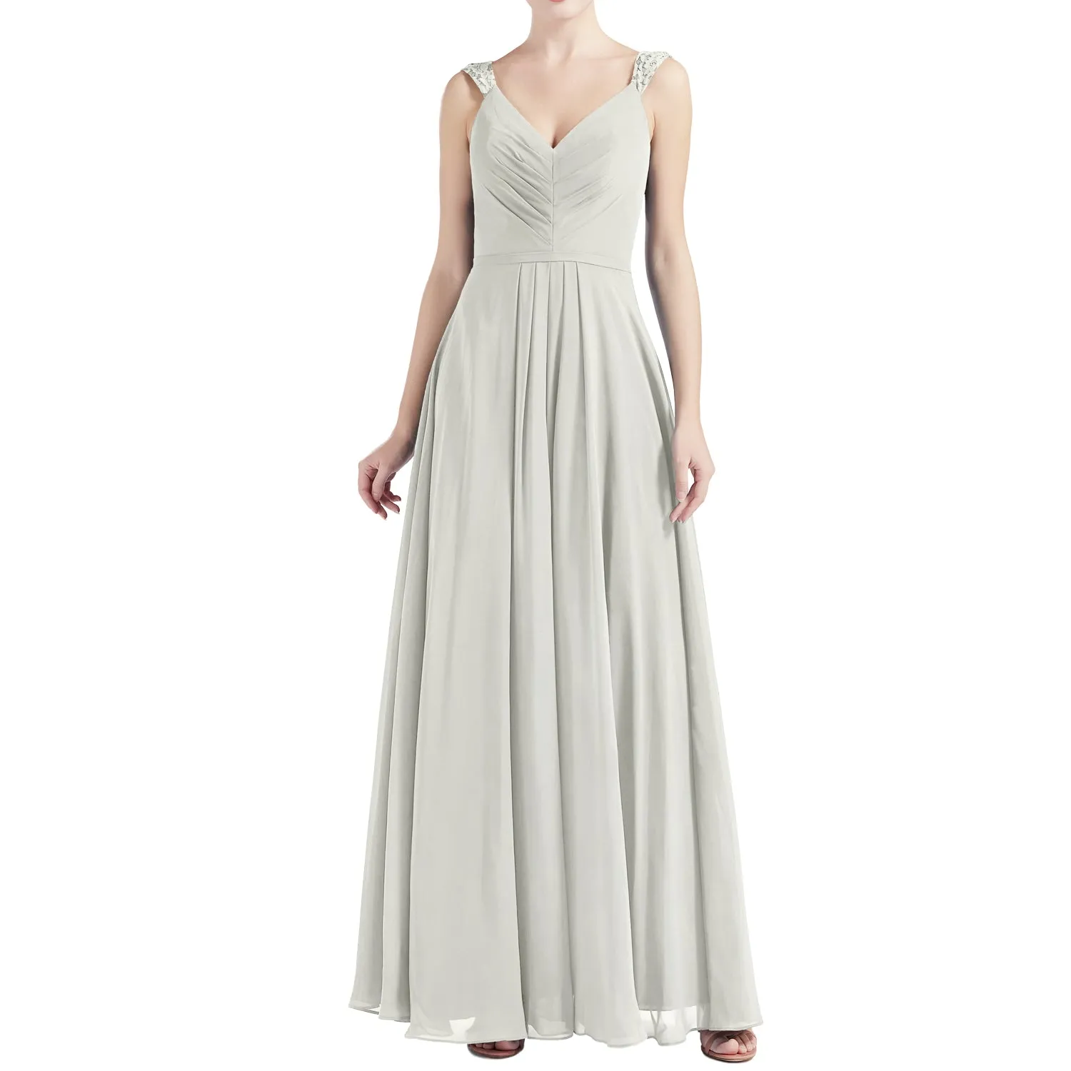 MACloth Women V Neck Lace Chiffon A Line Maxi Wedding Party Bridesmaid Dresses