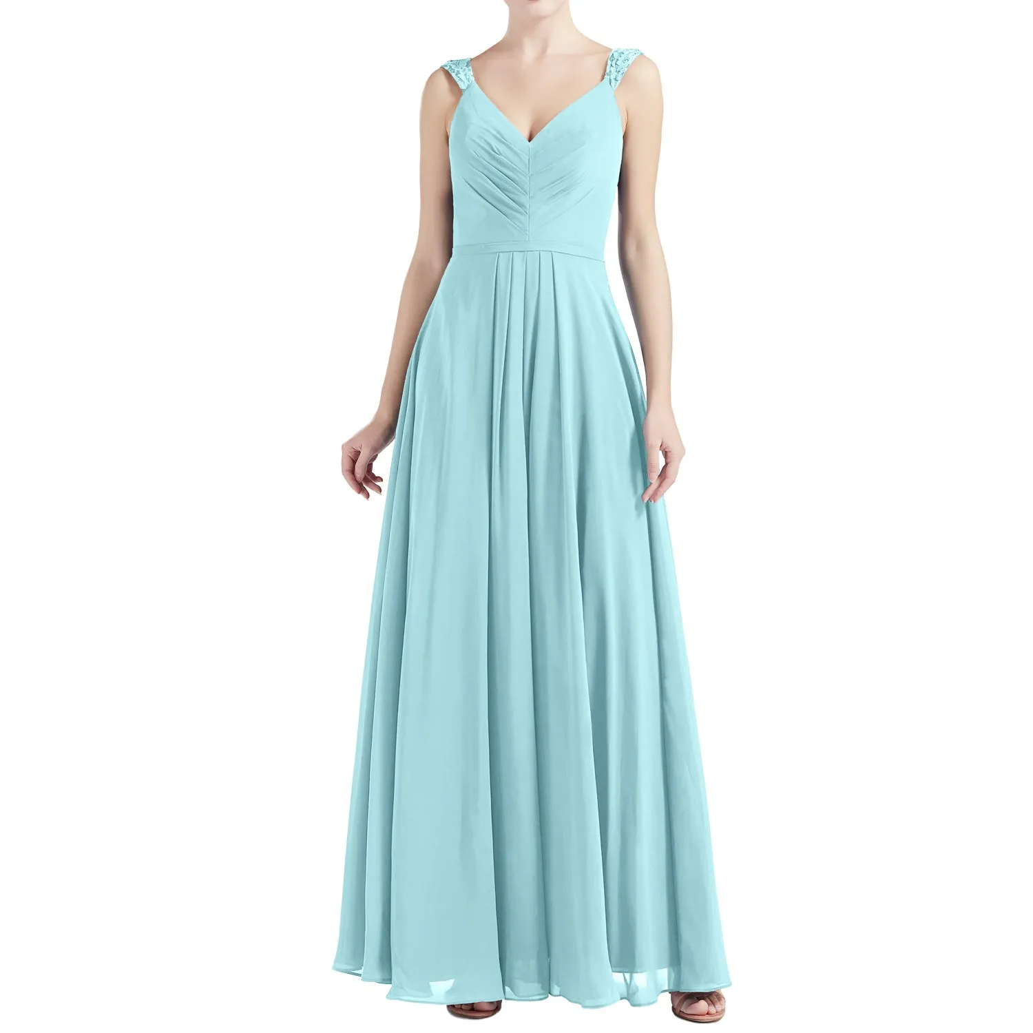 MACloth Women V Neck Lace Chiffon A Line Maxi Wedding Party Bridesmaid Dresses
