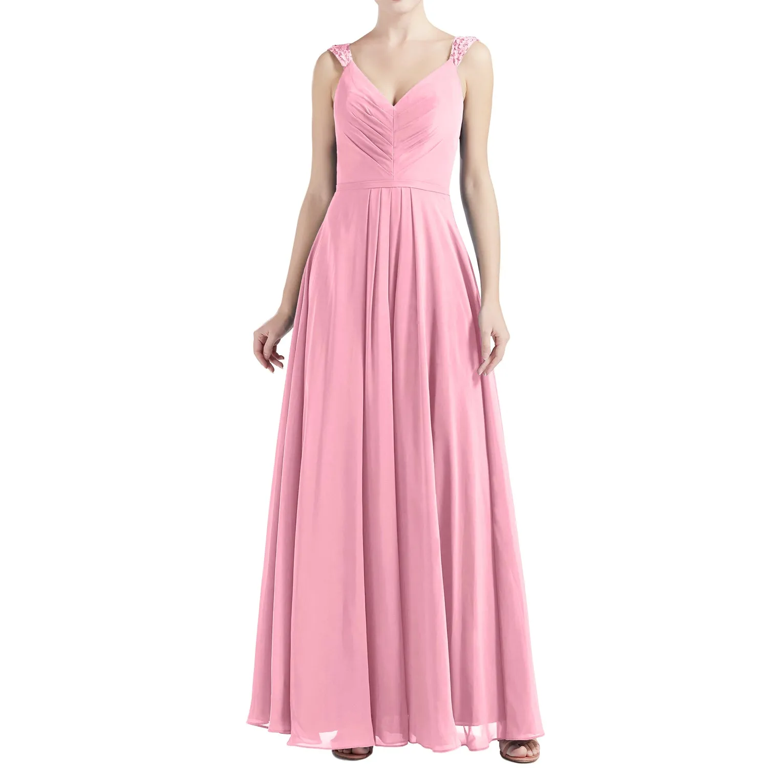 MACloth Women V Neck Lace Chiffon A Line Maxi Wedding Party Bridesmaid Dresses