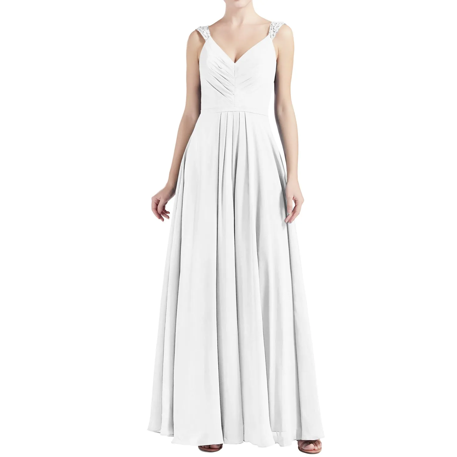 MACloth Women V Neck Lace Chiffon A Line Maxi Wedding Party Bridesmaid Dresses
