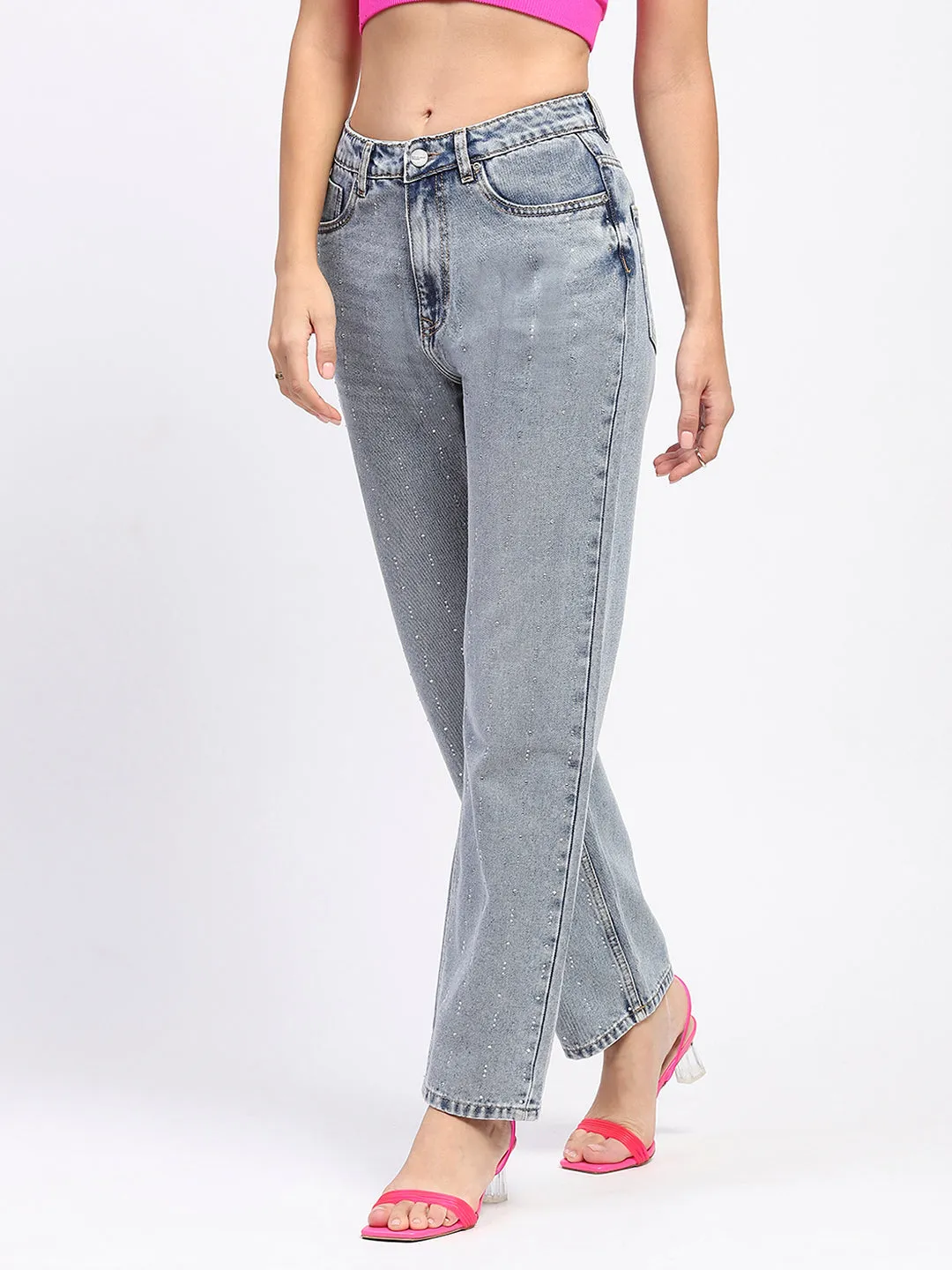 Madame Embellished Light Blue Cotton Denim