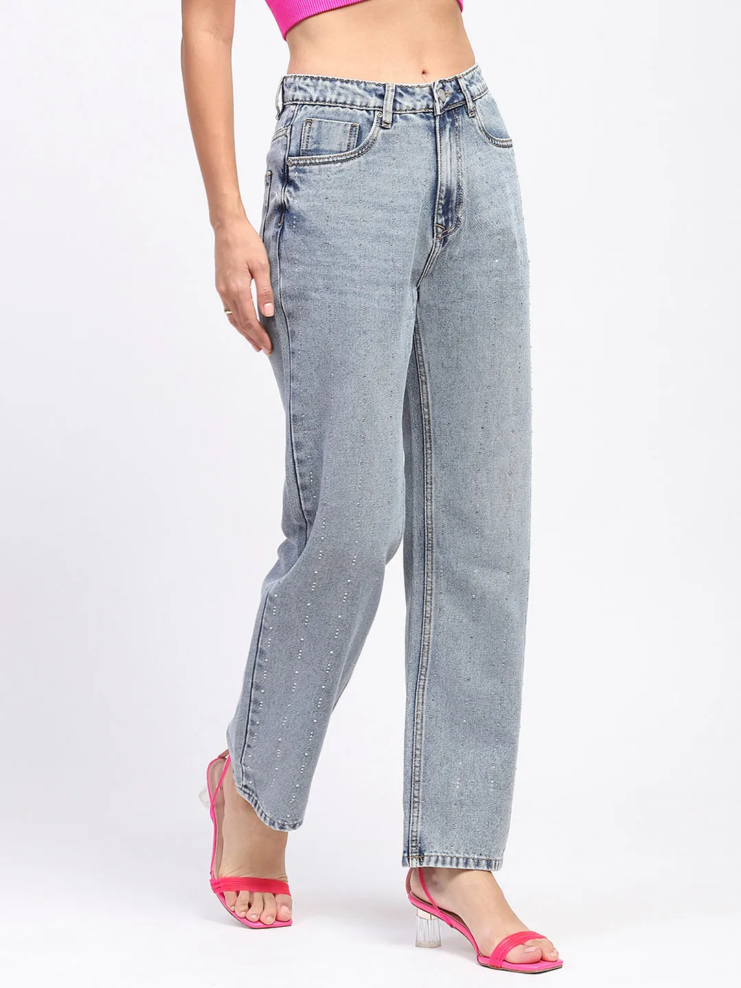 Madame Embellished Light Blue Cotton Denim