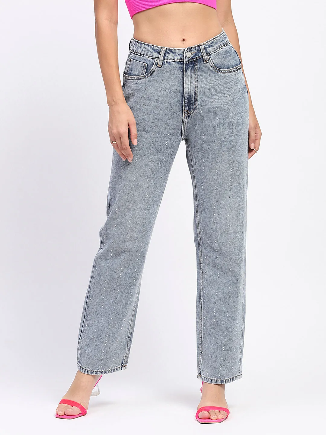 Madame Embellished Light Blue Cotton Denim