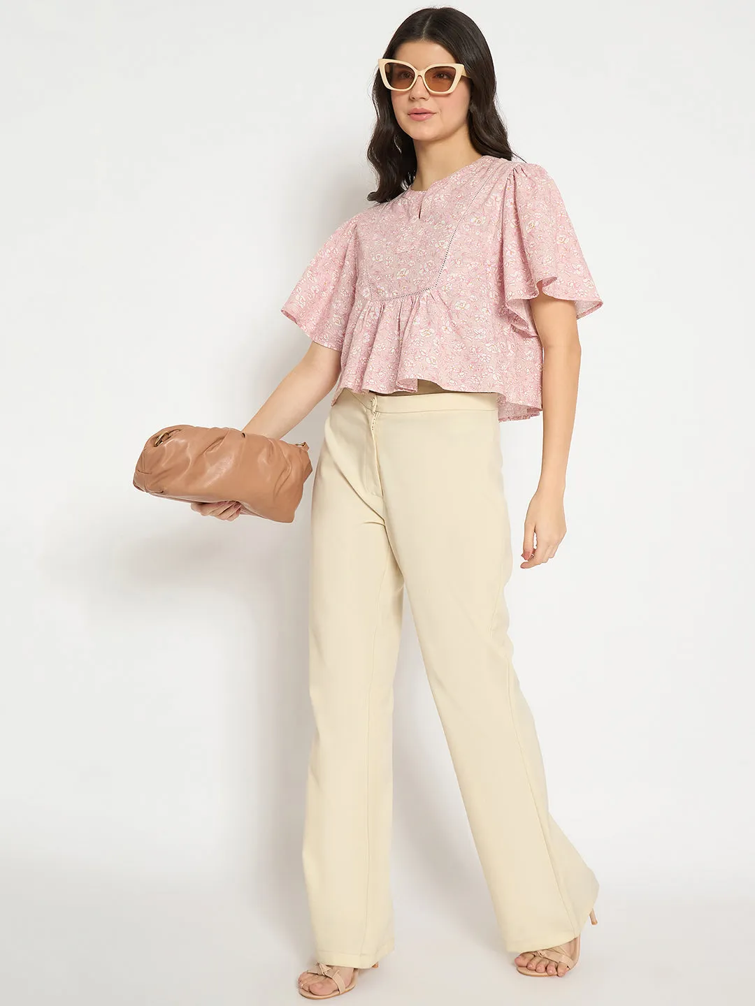 Madame Floral Print Pink Cotton Peplum Top