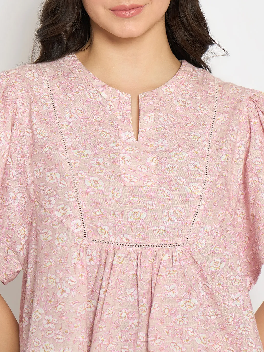 Madame Floral Print Pink Cotton Peplum Top
