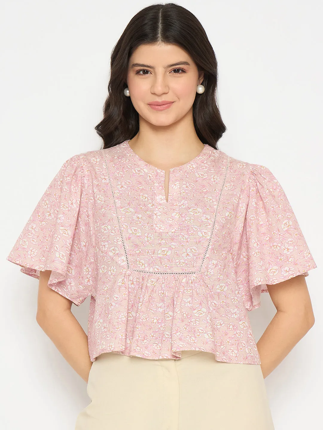 Madame Floral Print Pink Cotton Peplum Top
