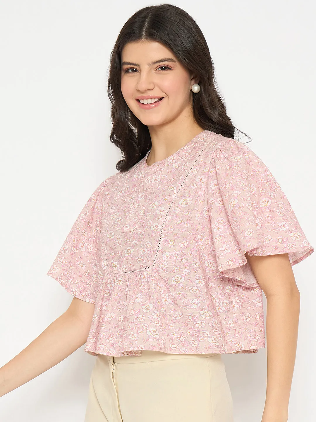 Madame Floral Print Pink Cotton Peplum Top