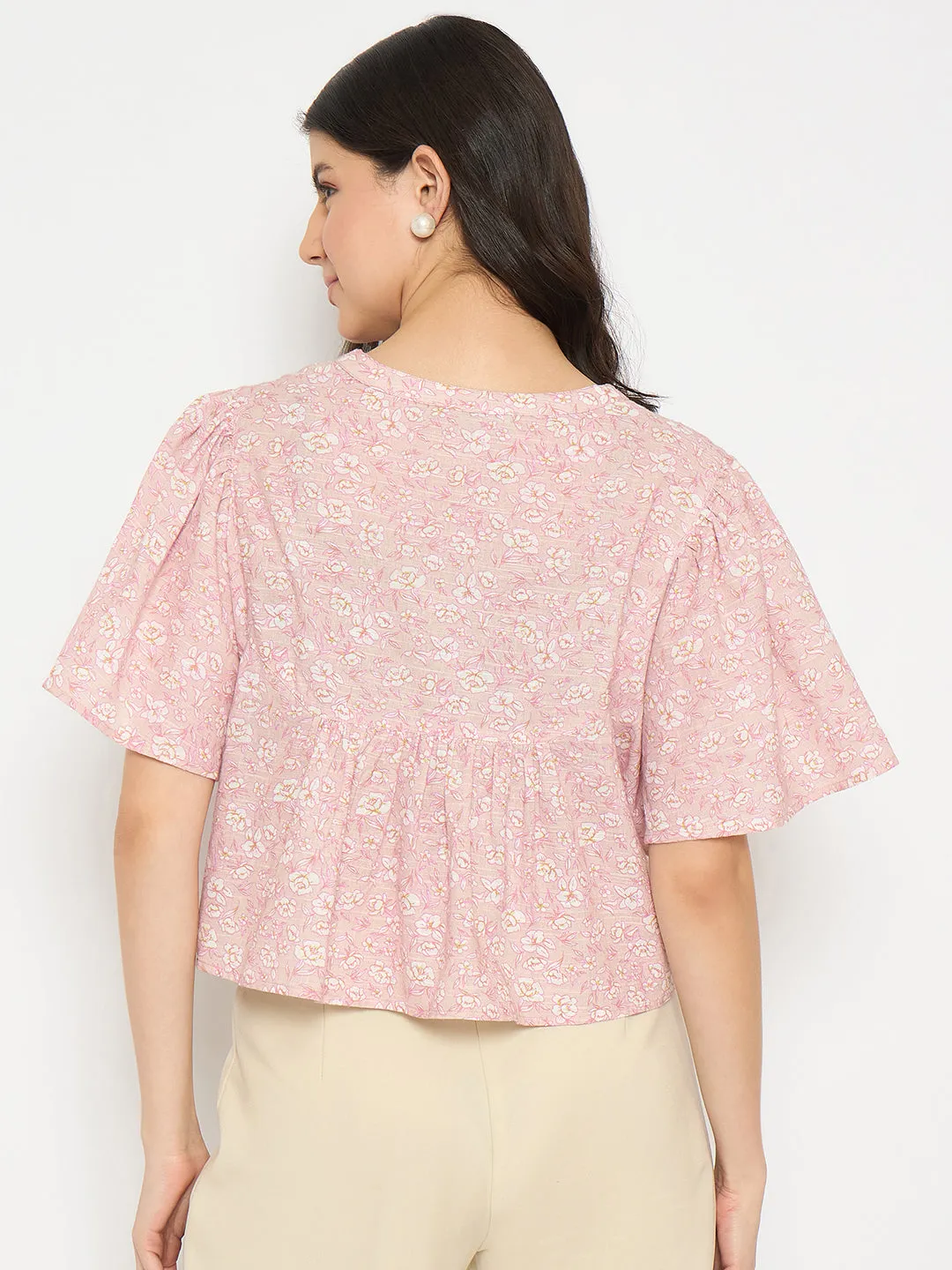 Madame Floral Print Pink Cotton Peplum Top