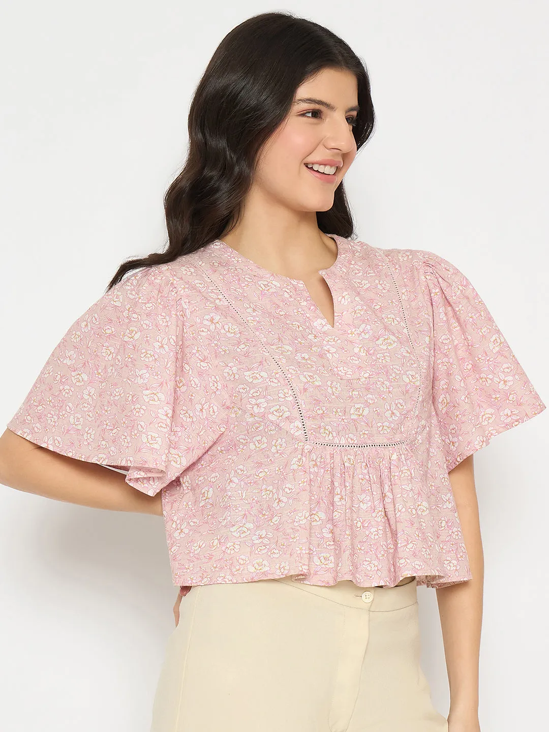 Madame Floral Print Pink Cotton Peplum Top