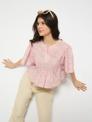 Madame Floral Print Pink Cotton Peplum Top