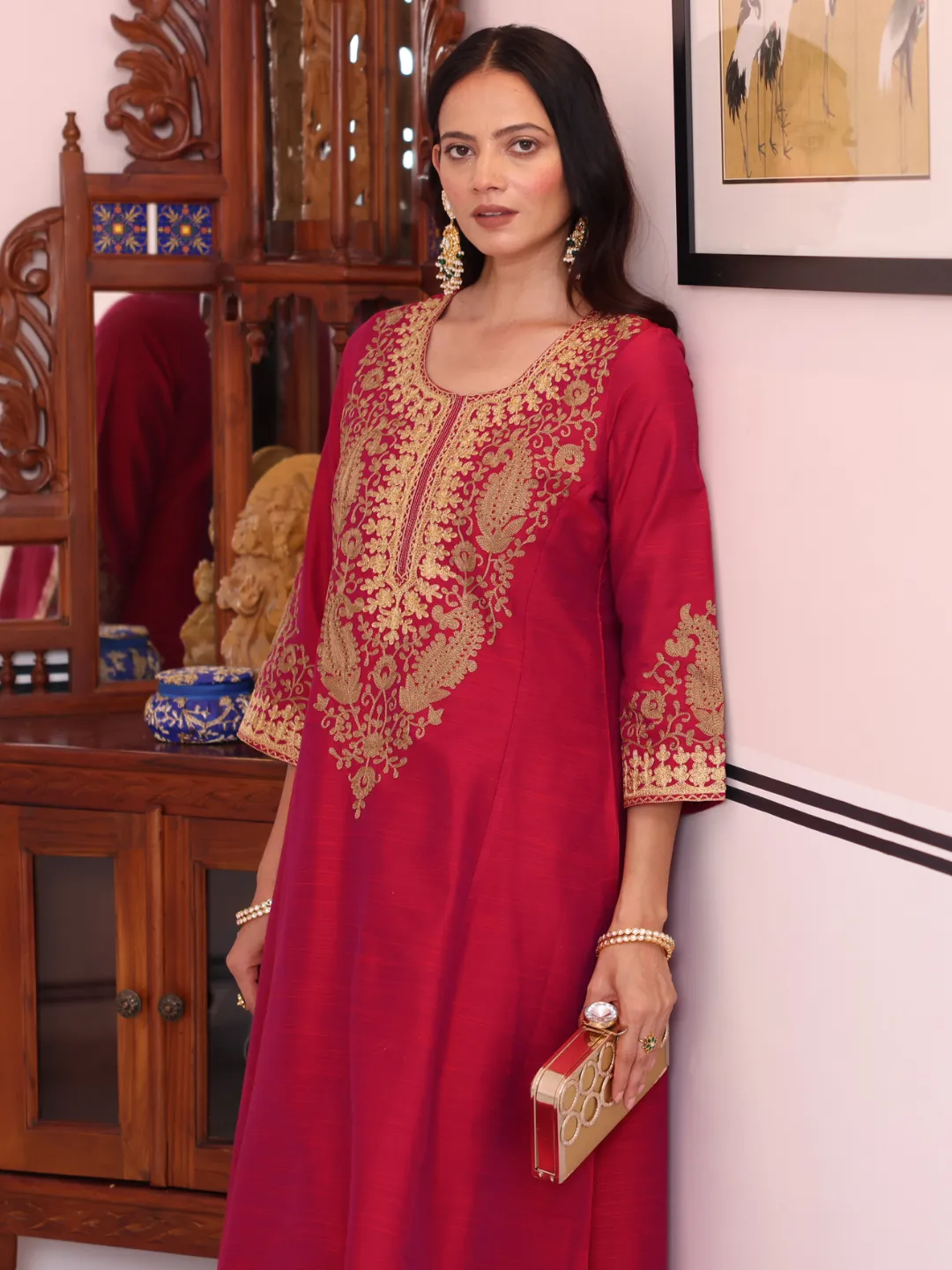 Magenta Art Silk Embroidered Kurta and Palazzo Set