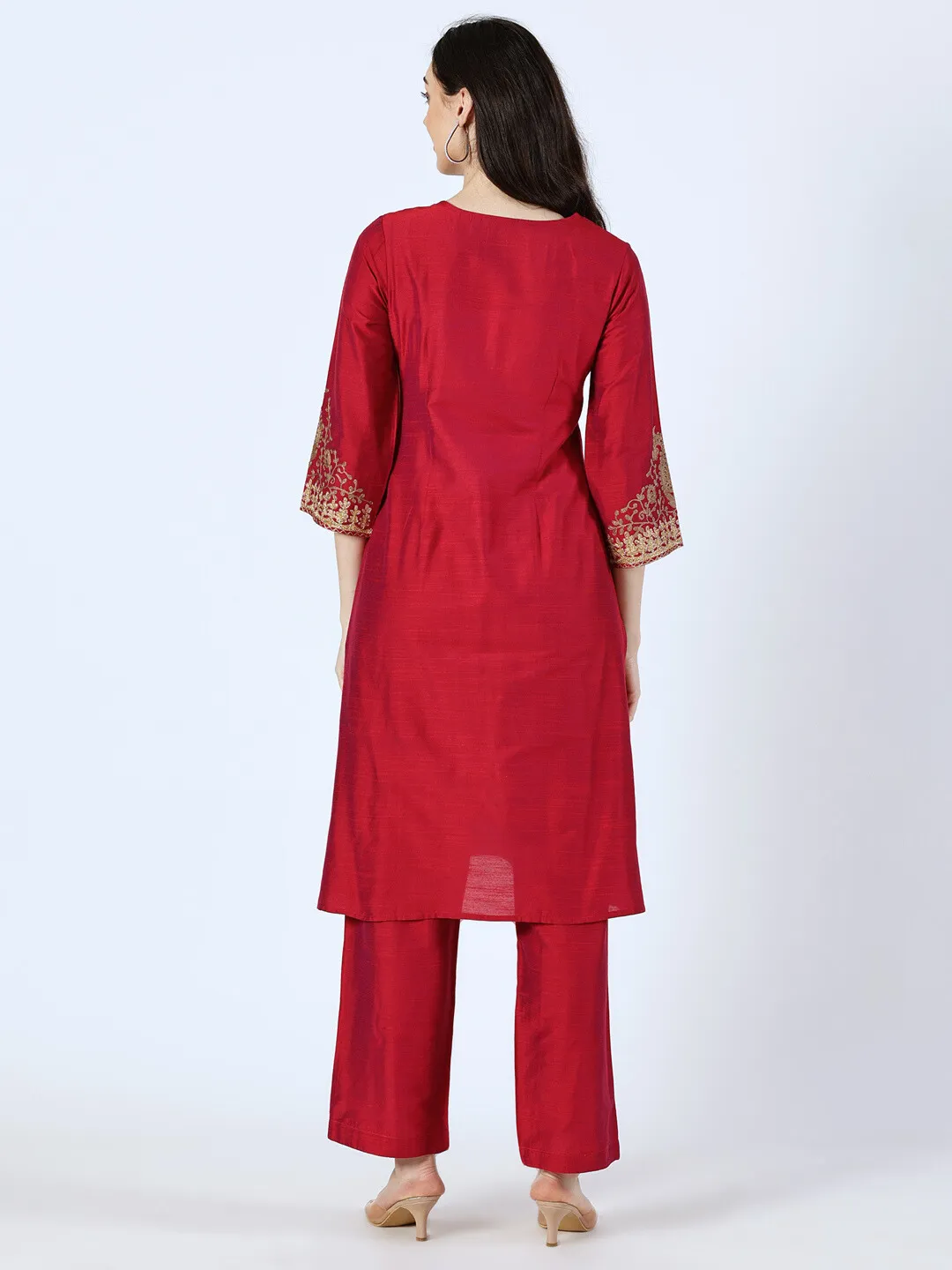 Magenta Art Silk Embroidered Kurta and Palazzo Set