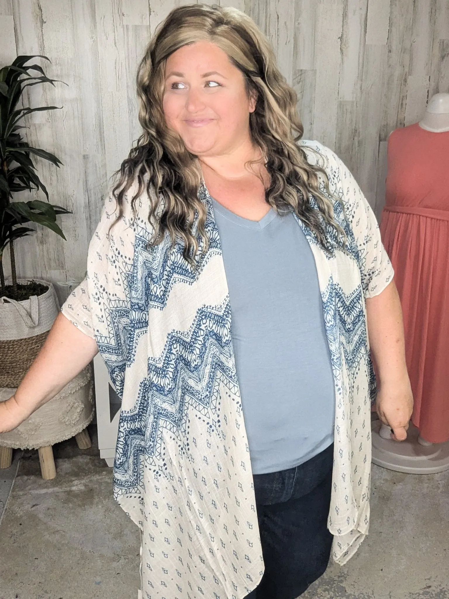 Maggie Boho Chevron Kimono in Natural   Navy