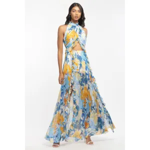 MANDIRA WIRK Chiffon Printed Halter Neck Long Dress Yellow & Blue