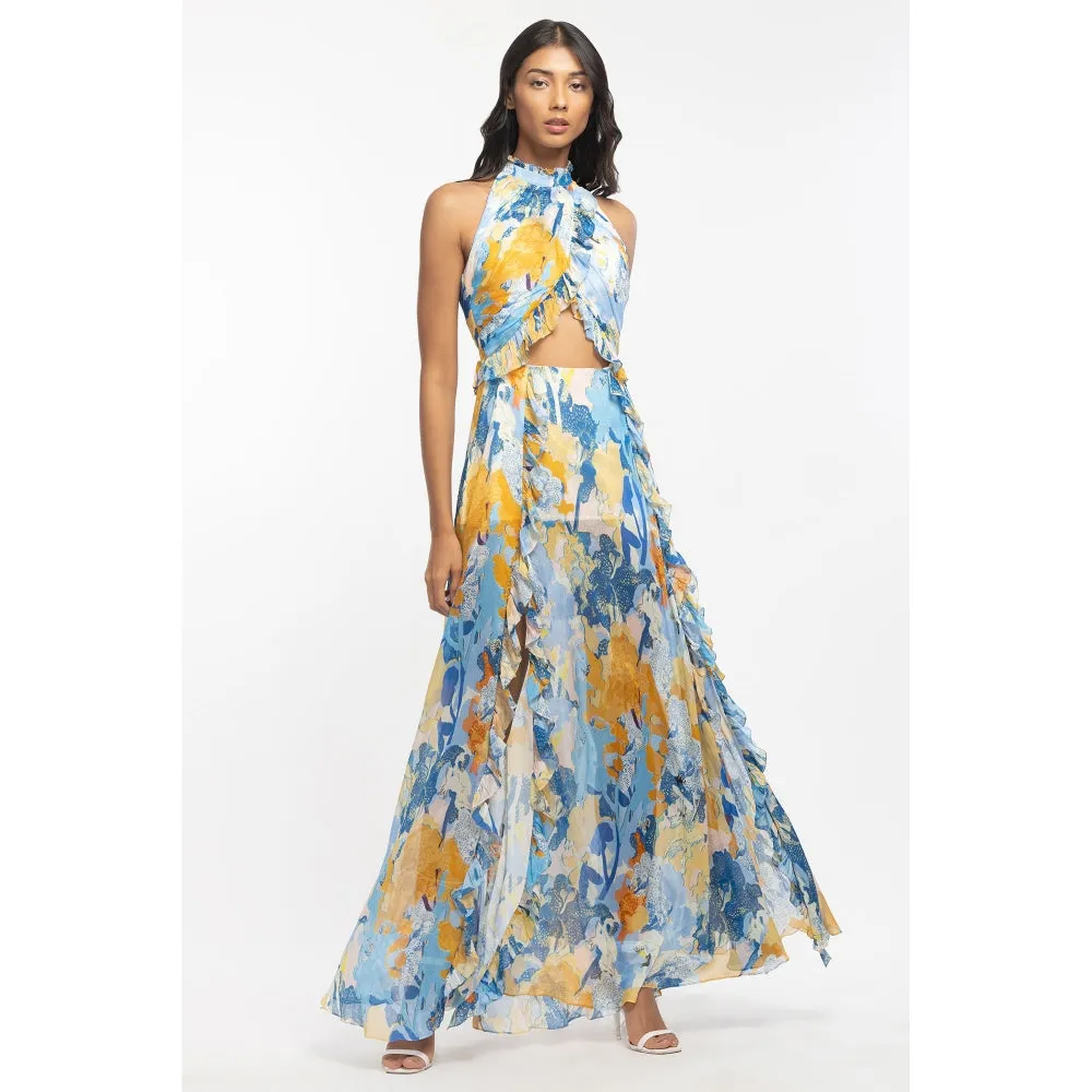 MANDIRA WIRK Chiffon Printed Halter Neck Long Dress Yellow & Blue