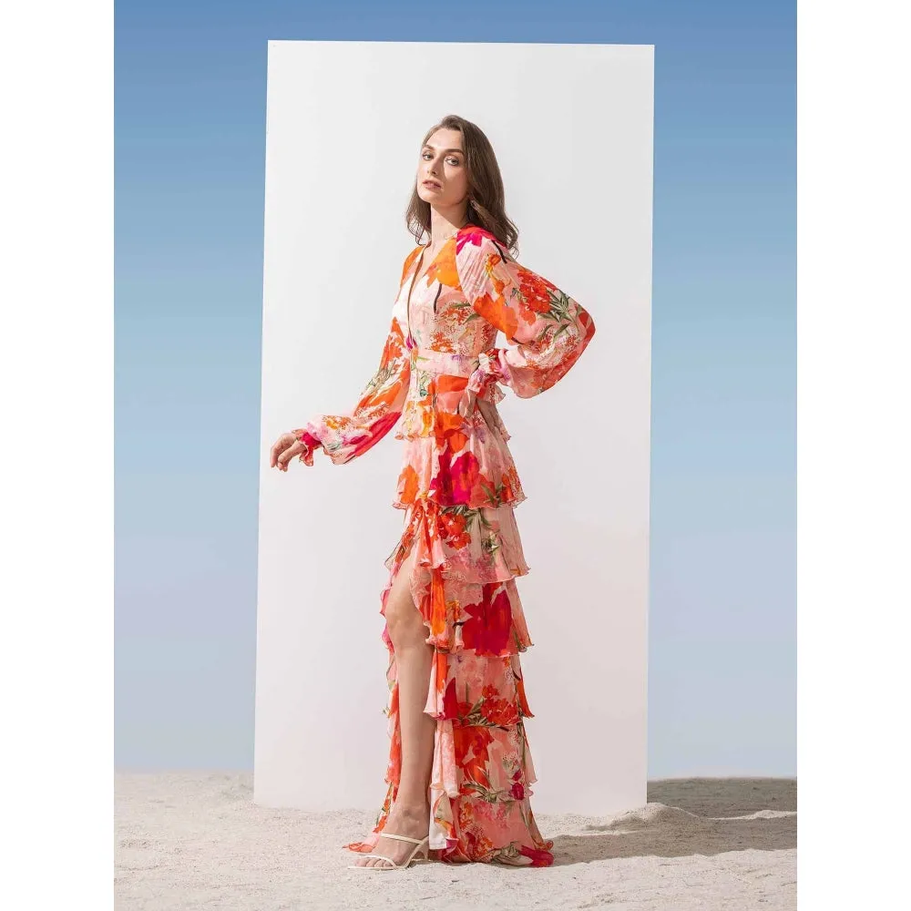 MANDIRA WIRK Plunge Neckline Printed Tiered Dress