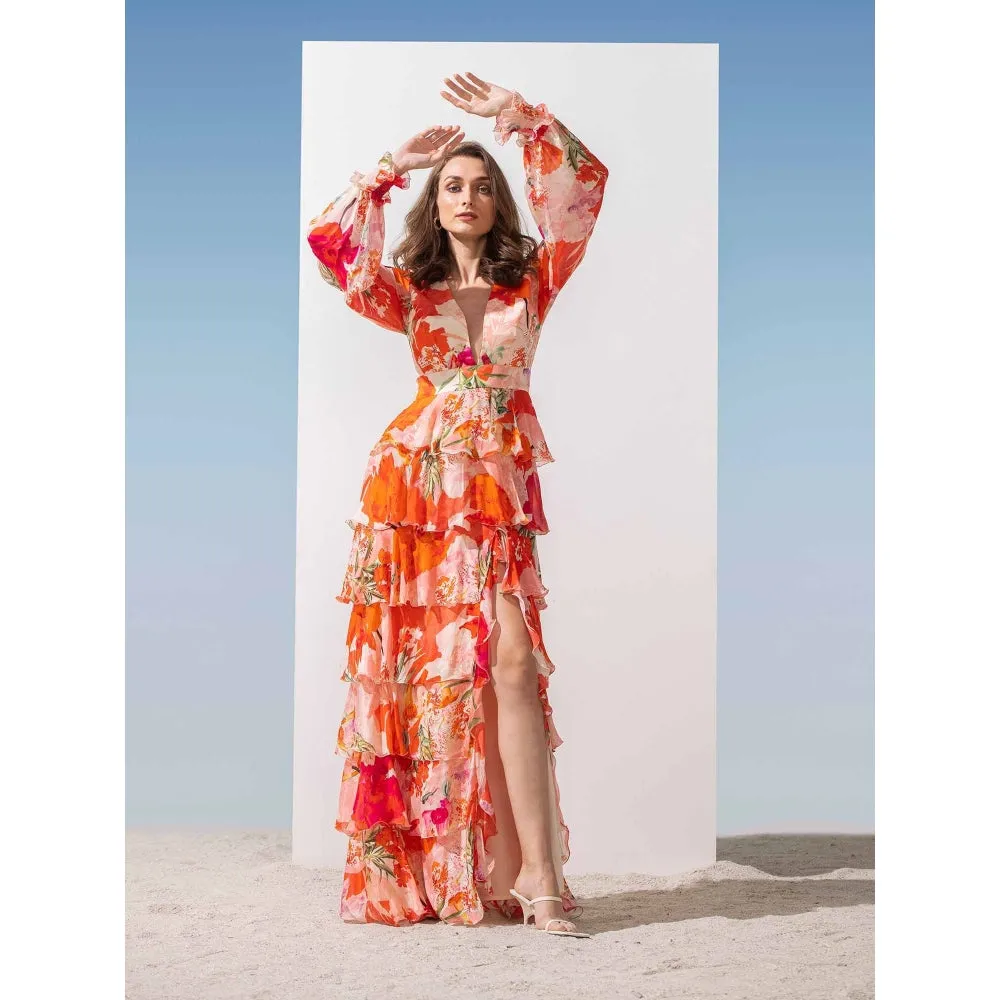 MANDIRA WIRK Plunge Neckline Printed Tiered Dress