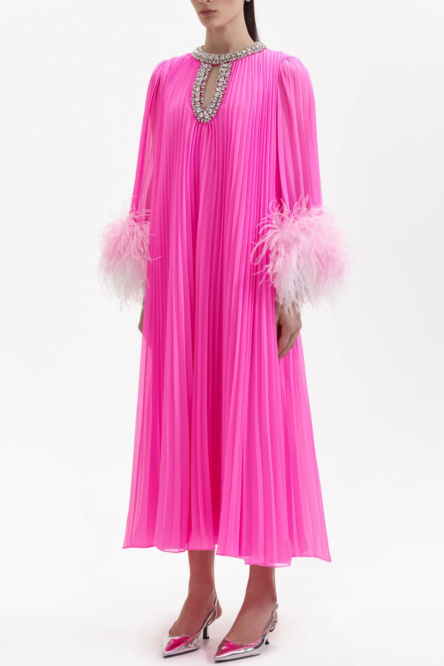Manja Diamante Chiffon Feather Maxi Dress - Pink