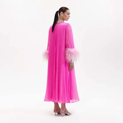 Manja Diamante Chiffon Feather Maxi Dress - Pink
