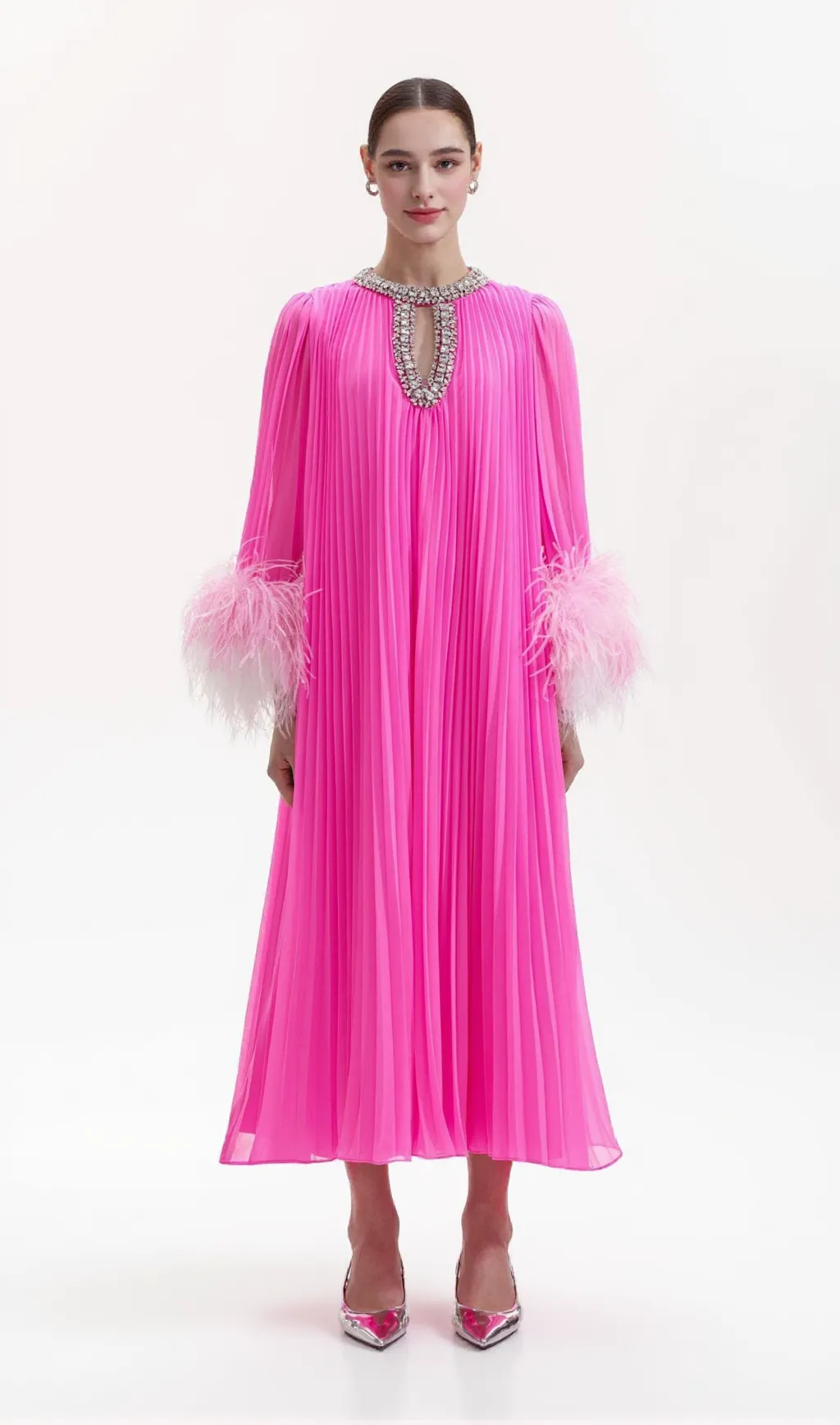 Manja Diamante Chiffon Feather Maxi Dress - Pink