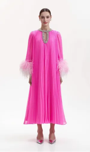 Manja Diamante Chiffon Feather Maxi Dress - Pink