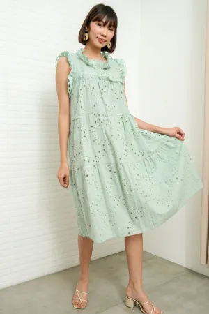 MAREN Tiered Broderie Midi Dress (Sage Green)