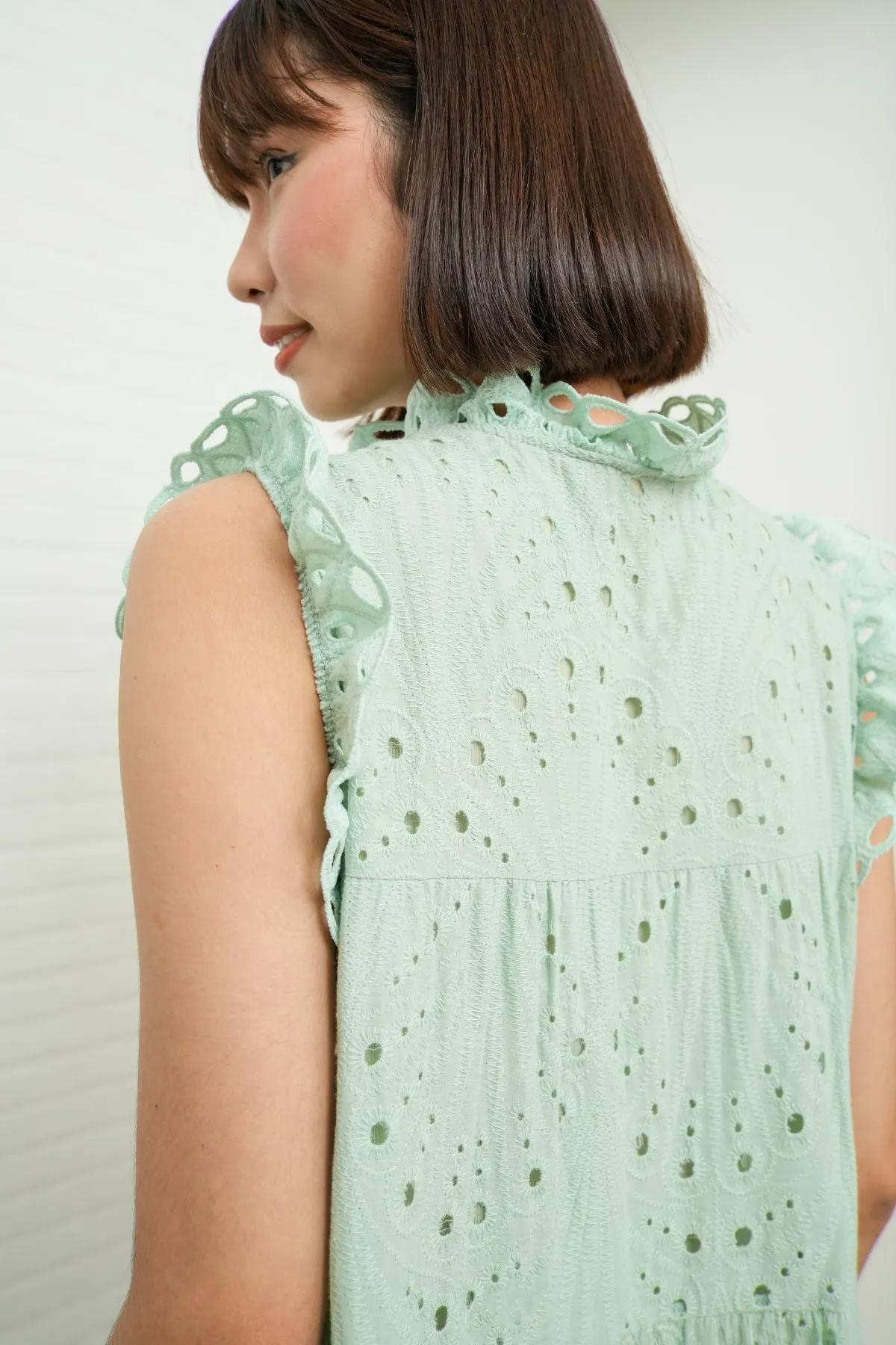 MAREN Tiered Broderie Midi Dress (Sage Green)