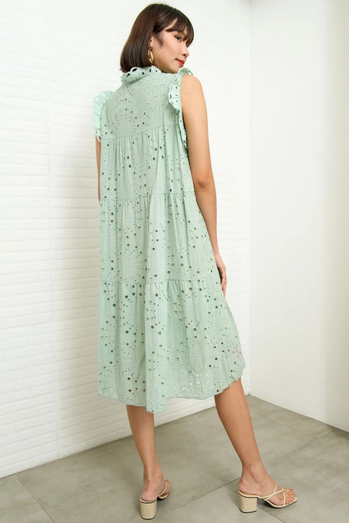 MAREN Tiered Broderie Midi Dress (Sage Green)
