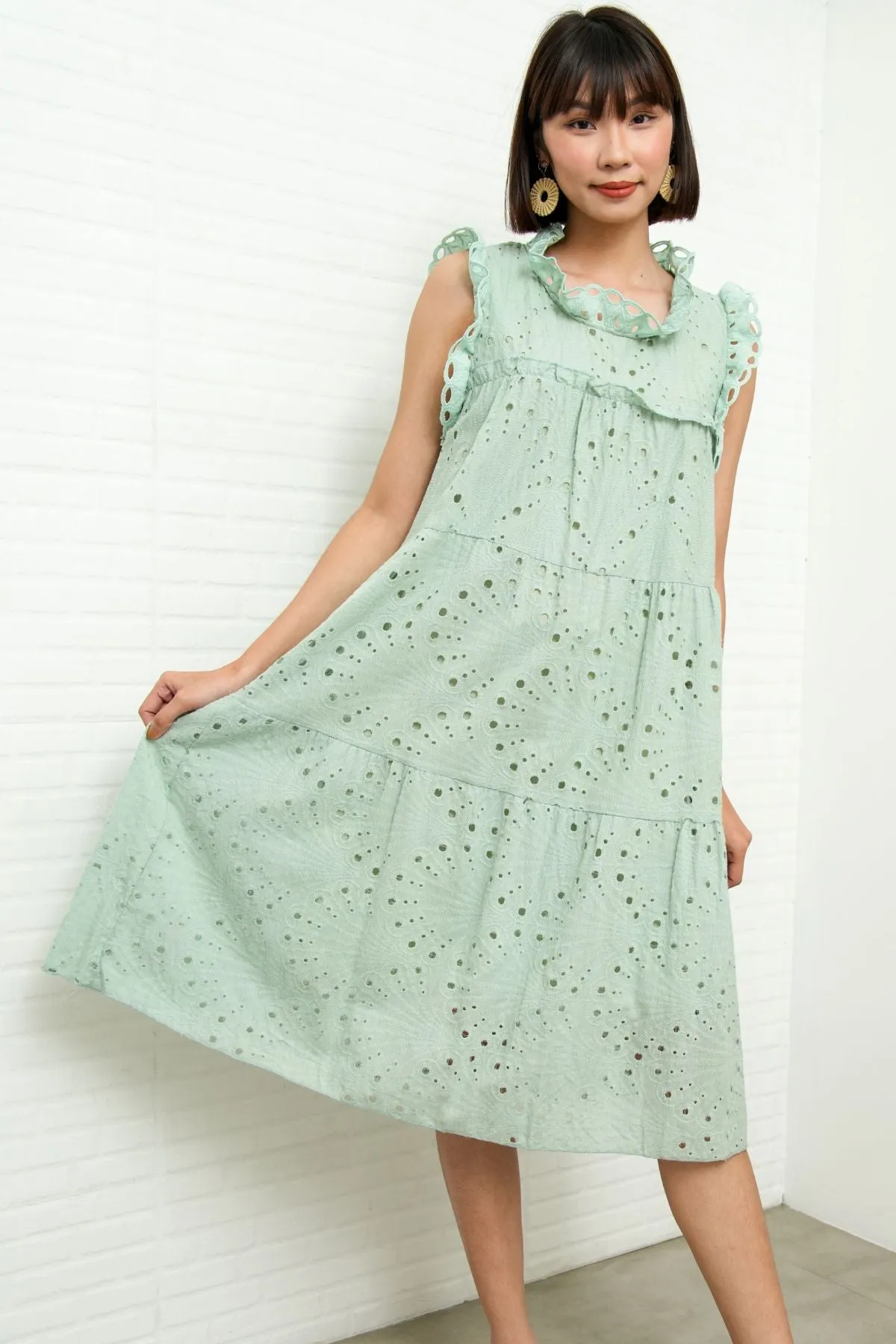 MAREN Tiered Broderie Midi Dress (Sage Green)