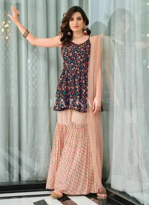 Maroon And Peach Embroidered Gharara Suit