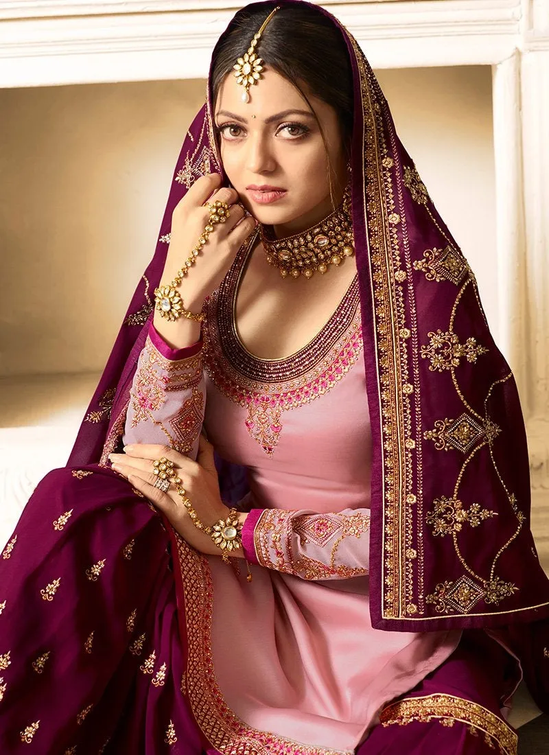 Maroon And Pink Embroidered Designer Gharara Palazzo Suit