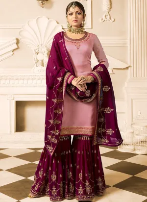 Maroon And Pink Embroidered Designer Gharara Palazzo Suit
