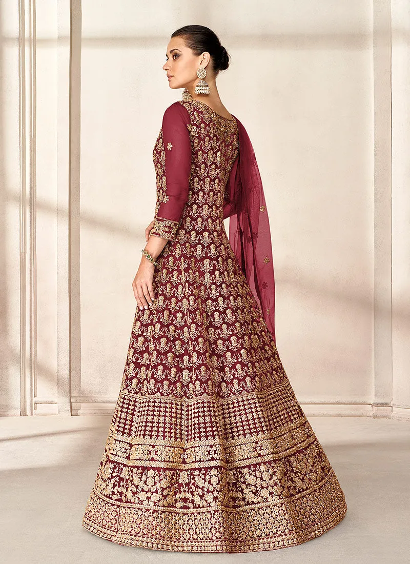 Maroon Embroidered Jacket Style Anarkali Suit