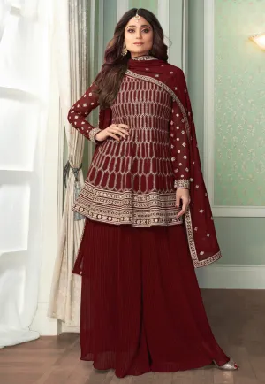 Maroon Embroidered Peplum Gharara Suit