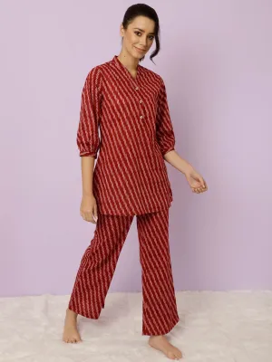 Maroon Geometric Printed Kurta With Palazzo Loungewear