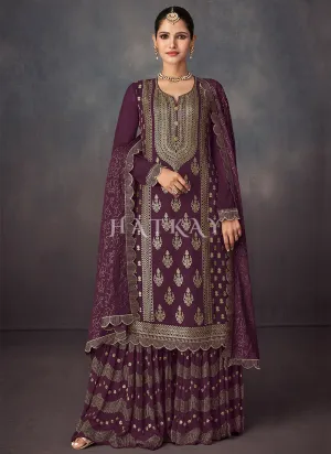 Maroon Golden Embroidered Sharara Style Suit