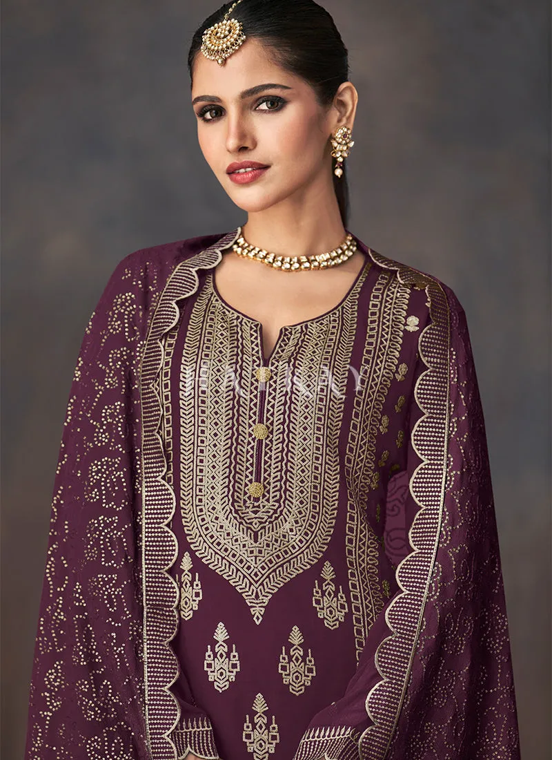 Maroon Golden Embroidered Sharara Style Suit