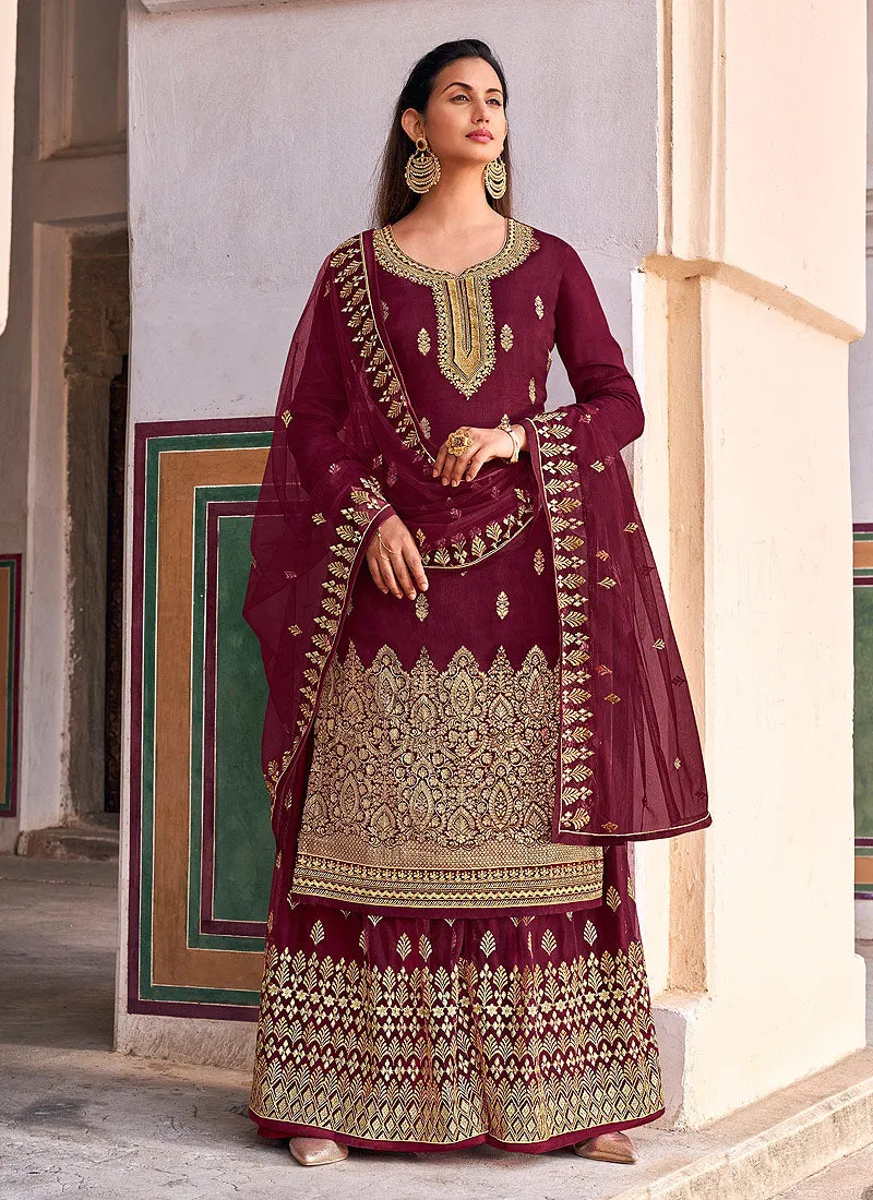 Maroon Golden Zari Embroidered Wedding Palazzo Suit