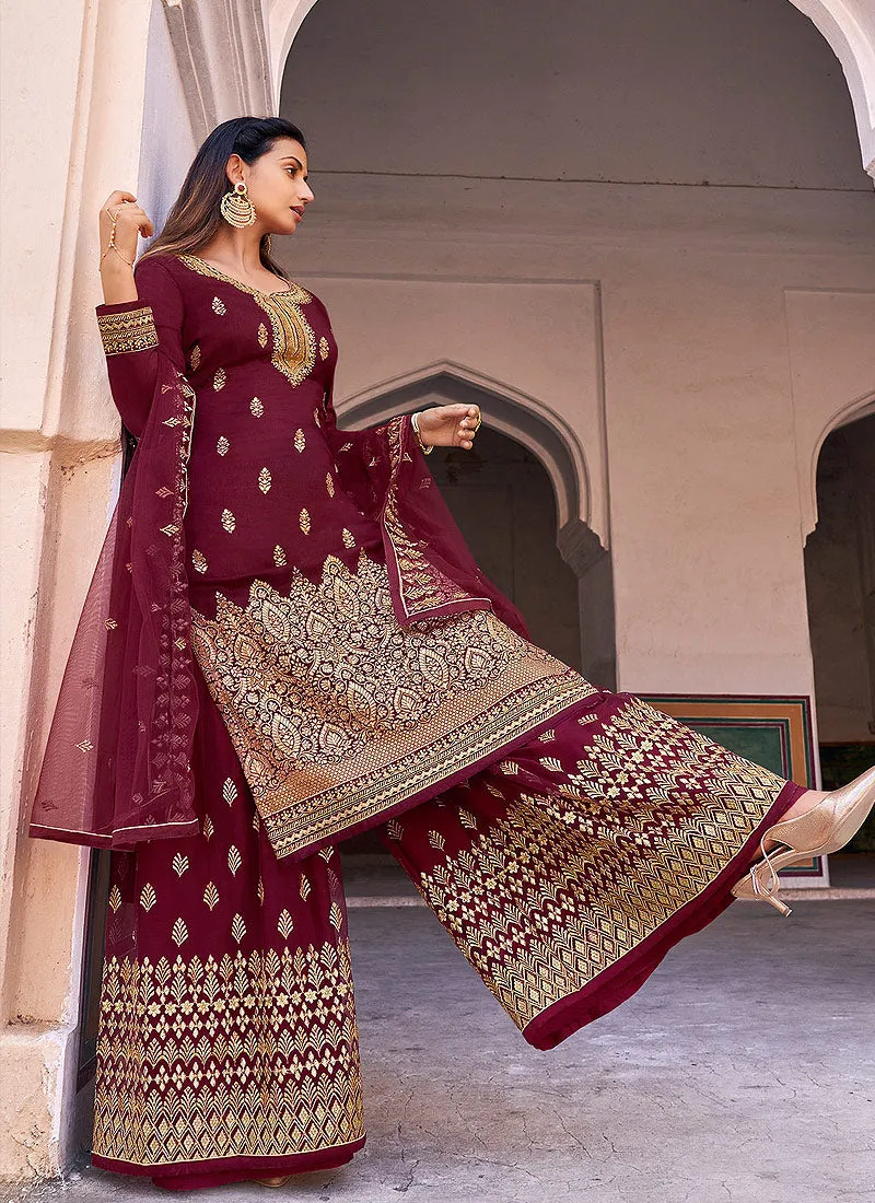 Maroon Golden Zari Embroidered Wedding Palazzo Suit