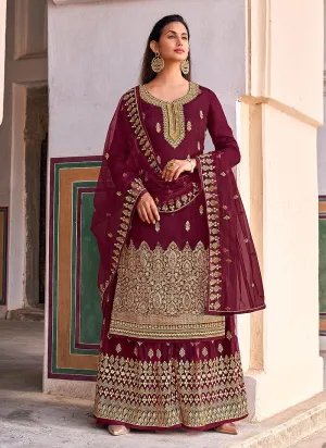 Maroon Golden Zari Embroidered Wedding Palazzo Suit